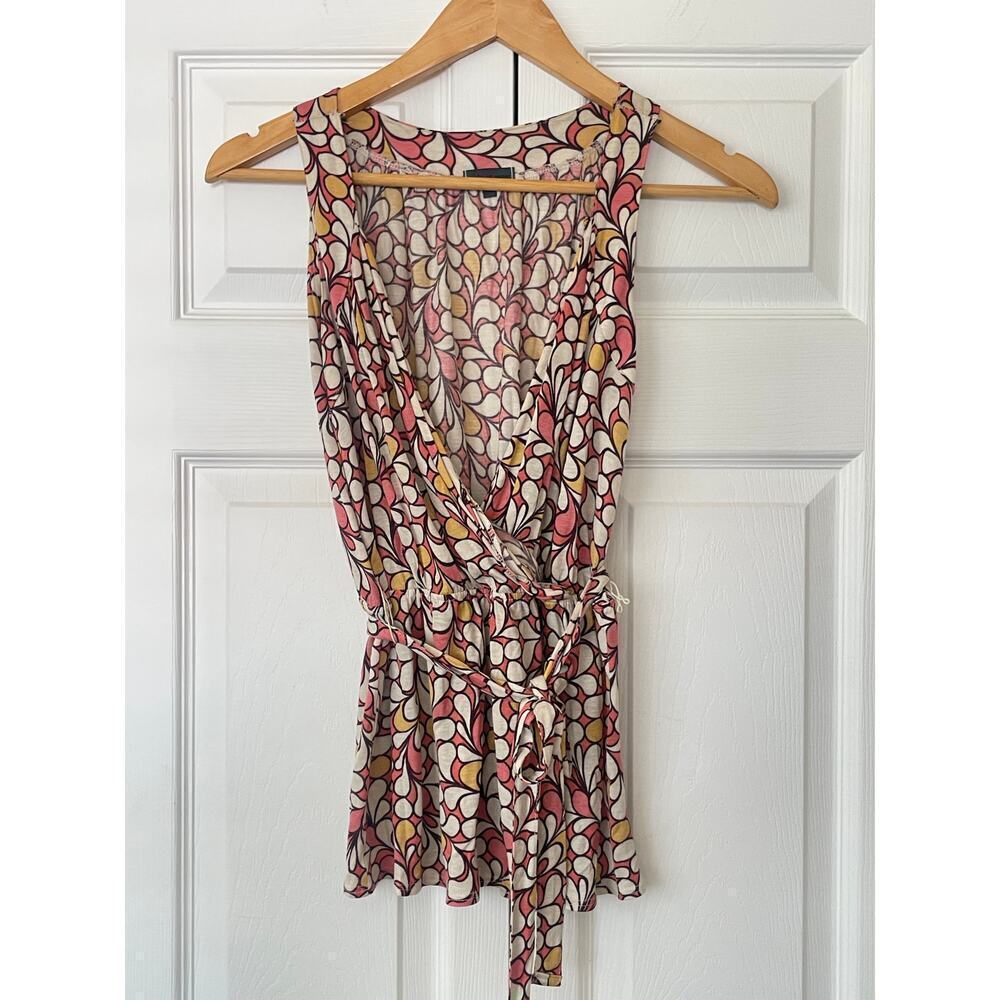 Anthropologie Left of Center Jersey Printed Tie Waist Deep V Top • Size S ⬇️ - Picture 2 of 5
